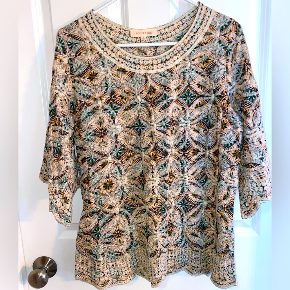 Solitaire Boho Printed Tunic in Teal, Gold and Cream
